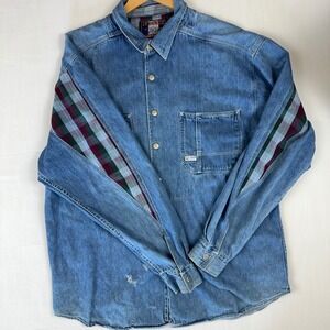 Ivy Crew Mens XL Denim Plaid Sleeve Snap Front Distressed Western‎ Shirt Blue